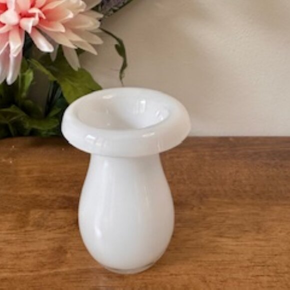 Vintage White Cased Glass Vase Mushroom Lip Art Glass Bud Vase Minimalist Decor - Picture 2 of 5